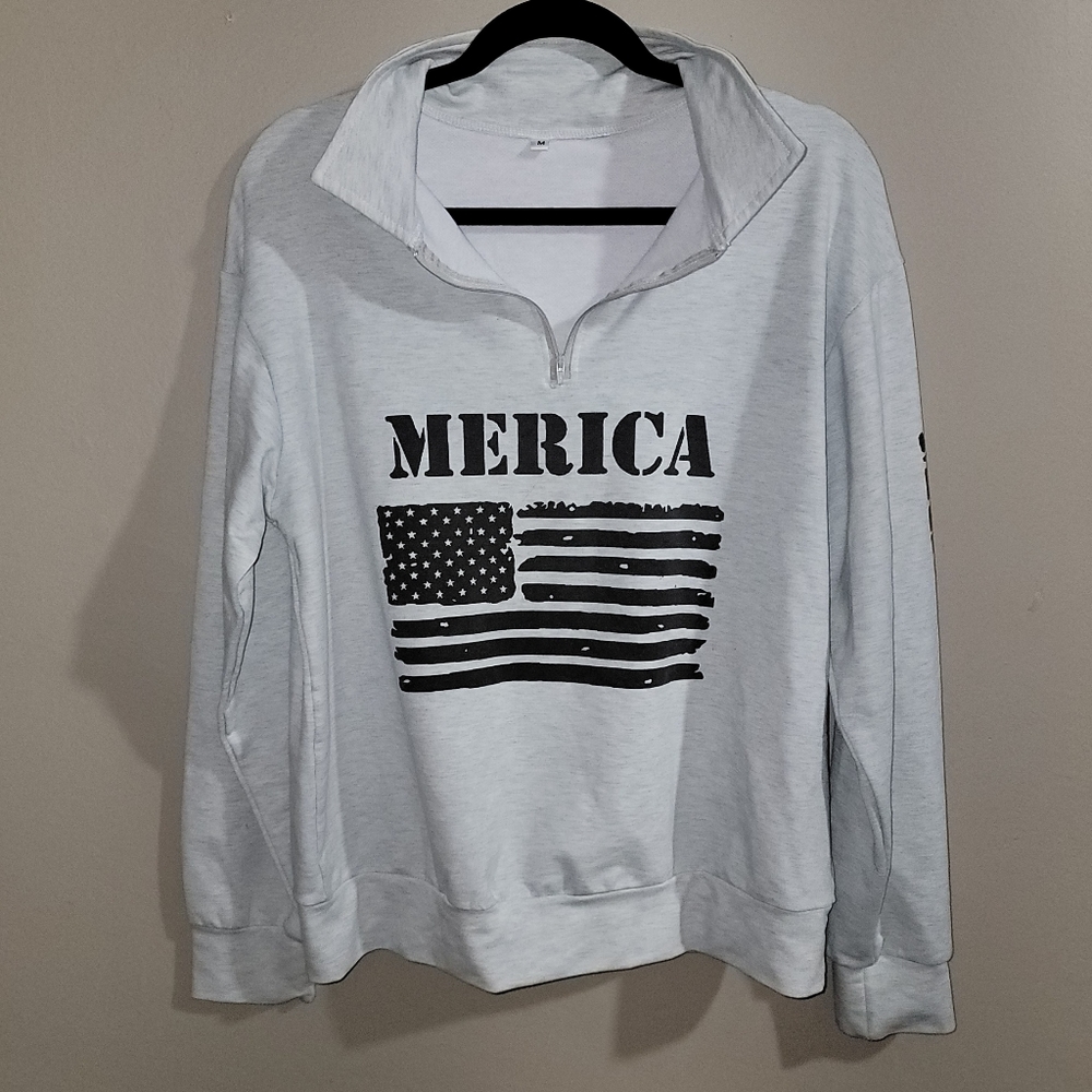 American Flag "MERICA" EUC Long Sleeve Zip-Up Pullover Sweater T-Shirt - MEDIUM